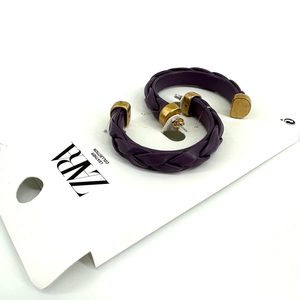 New Zara Purple Leather Hoops Gold Tone - Picture 3 of 5